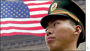 Chinese military officer outside the US embassy in Beijing